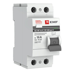 Выключатель дифференциального тока (УЗО) 2п 16А 10мА тип A ВД-100 PROxima (электромех.) EKF elcb-2-1