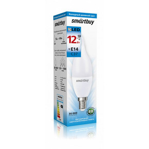 Светодиодная (LED) Свеча на ветру матовая Лампа Smartbuy-C37-12W/6000/E14 (SBL-C37Can-12-60K-E14)/10